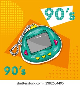 Retro electronic toy. Vector illustration for greeting card or poster, print on clothes. 90s, 80s. Tamagochi.