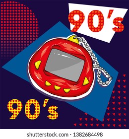 Retro electronic toy. Vector illustration for greeting card or poster, print on clothes. 90s, 80s. Tamagochi.