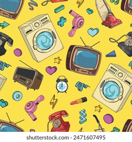 Retro electronics colorful pattern seamless with washing machines and radios near tube TVs and hair dryers vector illustration