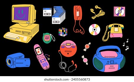 Retro electronics. Computer, flip phone and record player. Tamagochi, headphones and video, camera. Y2k cute stylish attributes. 1990s 2000s style 