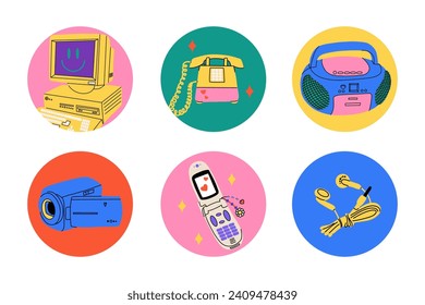 Retro electronics. Computer, flip phone and record player. Tamagochi, headphones and video, camera. Y2k cute stylish attributes. 1990s 2000s style Cartoon flat isolated vector nostalgia illustration