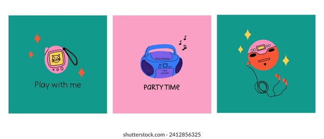 Retro electronics. Computer, flip phone and record player. Tamagochi, headphones and video, camera. Y2k cute stylish attributes. 1990s 2000s style, cartoon isolated vector nostalgia illustration