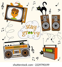 Retro electronics items in the style of the 70s on a light background with notes and black cats and stay groovy inscription