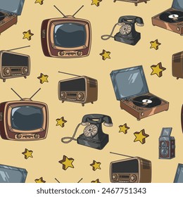 Retro electronics seamless pattern colorful with tube TV and radio receiver near wired phones and music speakers vector illustration