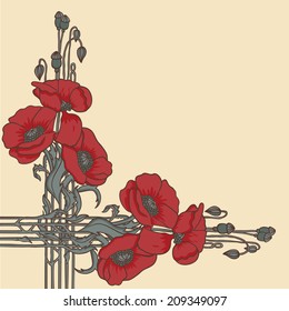 Retro elegant art-nouveau style frame with poppies