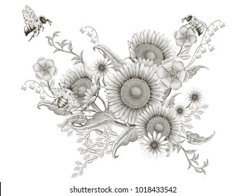 Retro elegant floral design, etching shading sunflowers and bees design on white background