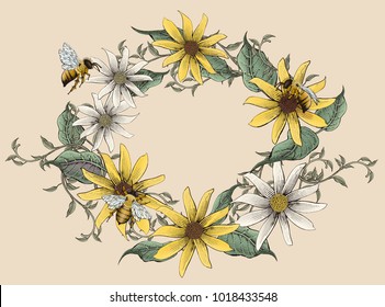 Retro elegant floral design, etching shading flowers wreath isolated on beige background