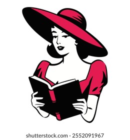 Retro Elegant woman in wide-brimmed hat reading a book illustration