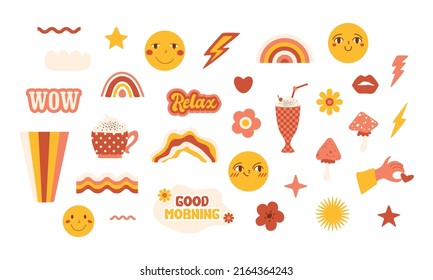 Retro elements big collection. Set of creative graphics, words Wow, Relax, Good morning, cocktails, flowers, rainbow, lightning, waves, lips and cute faces, cloud, stars, heart. Vector cool stickers.