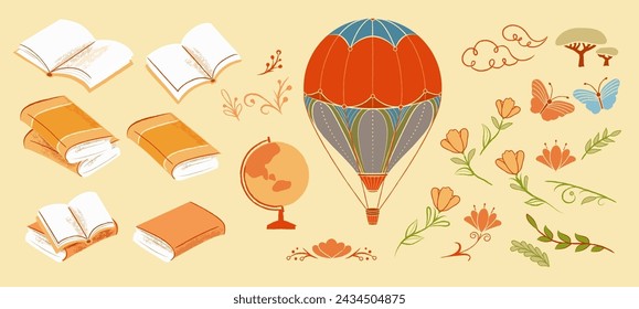 Retro elements with books, hot air balloon, and flowers on light yellow background.