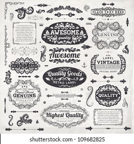 Retro elements for calligraphic designs | Vintage ornaments | Premium Quality labels | Guaranteed, Awesome and Genuine labels | Floral engraving frames and borders | Old paper texture eps10 vector set