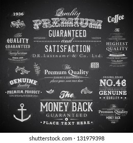 Retro elements for calligraphic designs | Vintage ornaments | Premium Quality, Guaranteed, Satisfaction, Money Back and Genuine labels | eps10 vector set | Chalk typography design on blackboard