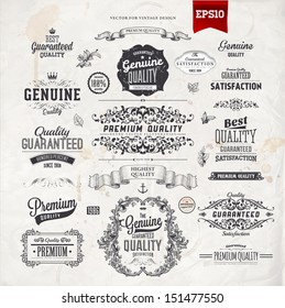 Retro elements collection for calligraphic designs | Vintage ornaments | Premium Quality labels | Guaranteed Satisfaction and Genuine Quality labels | eps10 vector set