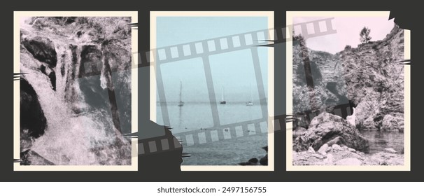 Retro elements to create for a halftone collage. Torn nature photos of the sea, waterfall, mountains. Vector.