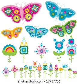 retro elements, flowers and butterflies