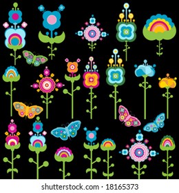 retro elements, flowers and butterflies