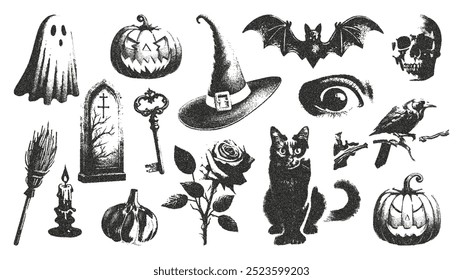 Elementos retrô de uma colagem de Halloween com um efeito de fotocópia de ponto. Ilustração vetorial de uma textura grunge de um olho, um gato, uma abóbora, um fantasma, uma vela, uma chave.
