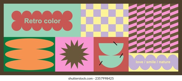 Retro elements, patterns and colors. Naive playful abstract shapes. Graphic composition for advertising, brands and magazine. Checker board Vintage background