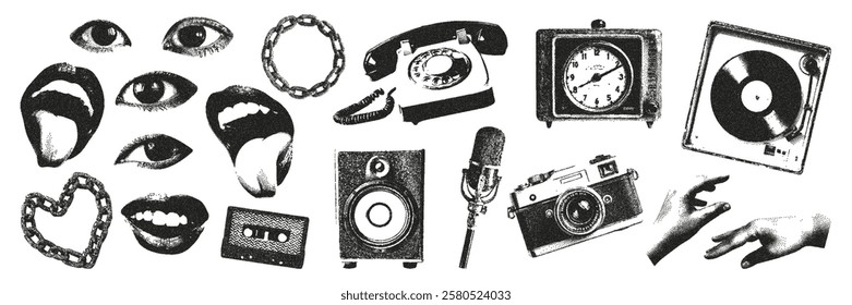 Retro elements with a photocopy effect for creating collages. Vinyl record, cassette, microphone, mouth, eyes, cassette, chain. Vector illustration in a grayscale dot design of punk.