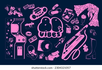 Retro elements set, 80s vibe. Fashion pop 1980s items, funky stuff. Boombox, game machine, music recorder, telephone, cassettes in 1980 style. Flat vector illustrations isolated on white background.