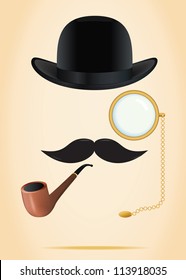 Retro elements set: bowler, moustache, tobacco pipe and monocle