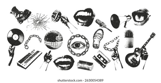 Retro elements stipple music with a photocopy effect for creating collages. Hands holding a vinyl record, a bracelet, a disco ball, guitars, a microphone, chain. Vector illustration. 