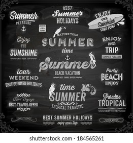 Retro elements for Summer calligraphic designs. Chalkboard background. Black illustration variant. 