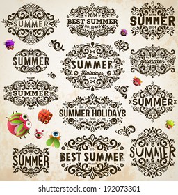 Retro Elements for Summer Calligraphic Designs. Vintage Frames and Scroll Elements. Funny Beetles