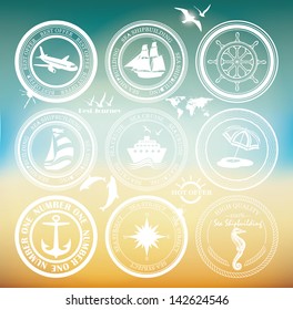 Retro elements for Summer designs. Vintage stamps. Vintage air and cruise tours labels and badges.