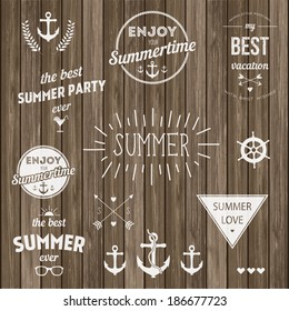 Retro elements for Summer Vintage labels, logo All for Summer holidays best summer party ever, vacation , summer love, summertime adventure labels . Vector set on wooden texture