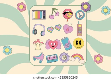 Retro  elements in trendy nostalgic 2000s style. 90s, 00s childhood aesthetic. Y2k set items. Vintage retro gadgets. Vector illustration