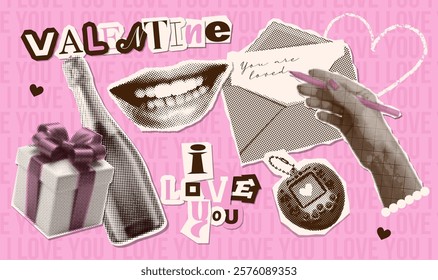 Retro elements of the Valentine's Day collage in grunge and glamour style with vintage halftone texture. Vector torn out paper stickers of hand writing love letter, lips, gift and champagne.