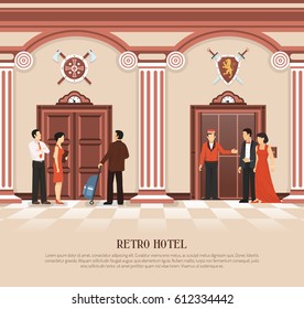 Retro elevator composition with people in hotel elevator hall interior and vintage lift doors with text vector illustration