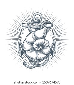 Retro Emblem of Anchor with Seashell drawn in tattoo style. Vector illustration.