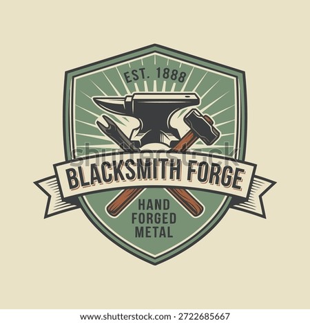 Retro emblem for a blacksmith forge, featuring an anvil, hammer, and tongs, with text 'Blacksmith Forge Hand Forged Metal' and 'Est. 1888'.