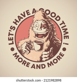 Retro emblem of cartoon bigfoot holding a coffee cup