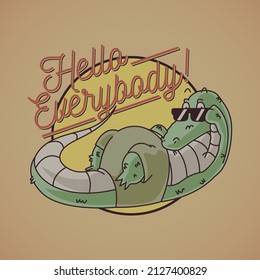 Retro emblem of cartoon crocodile with lying pose