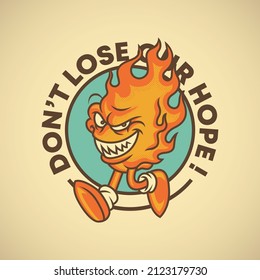 Retro emblem of cartoon flame walking