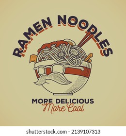 Retro emblem of cartoon hipster ramen noodles