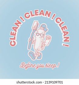 Retro emblem of cartoon toothpaste holding a toothbrush