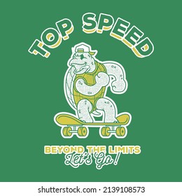 Retro emblem of cartoon turtle playing skateboard