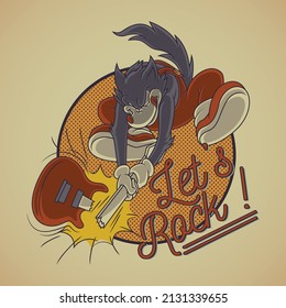 Retro emblem of cartoon wolf smashing an electric guitar