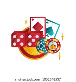 Retro emblem for casino or poker club with playing cards, chips and dice. Games for money. Colorful logo template. Vector element
