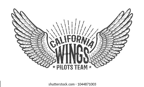 Retro emblem of the club of pilots with outstretched wings. Monochrome on a white background. Worn texture on separate layer and can be easily disabled.