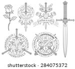 Retro emblem with a dagger and rose. Vintage logo, daggers, roses, heraldic ribbons. Ideal for tattoos and t-shirt print. Text can be easily replaced with your own.