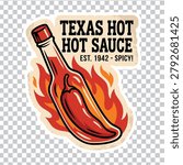 Retro emblem design featuring a hot sauce bottle, a chili pepper, and flames, perfect for spicy food branding, restaurant menus, or condiment labels.