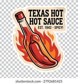 Retro emblem design featuring a hot sauce bottle, a chili pepper, and flames, perfect for spicy food branding, restaurant menus, or condiment labels.