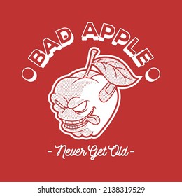 Retro emblem of fierce faced cartoon apple fruit