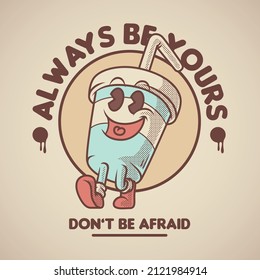 Retro emblem of happy beverage cup