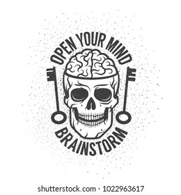 Retro emblem with a human brain in the skull and old keys. With the inscription - open your mind. Worn textures and dots on separate layers and can be disabled.